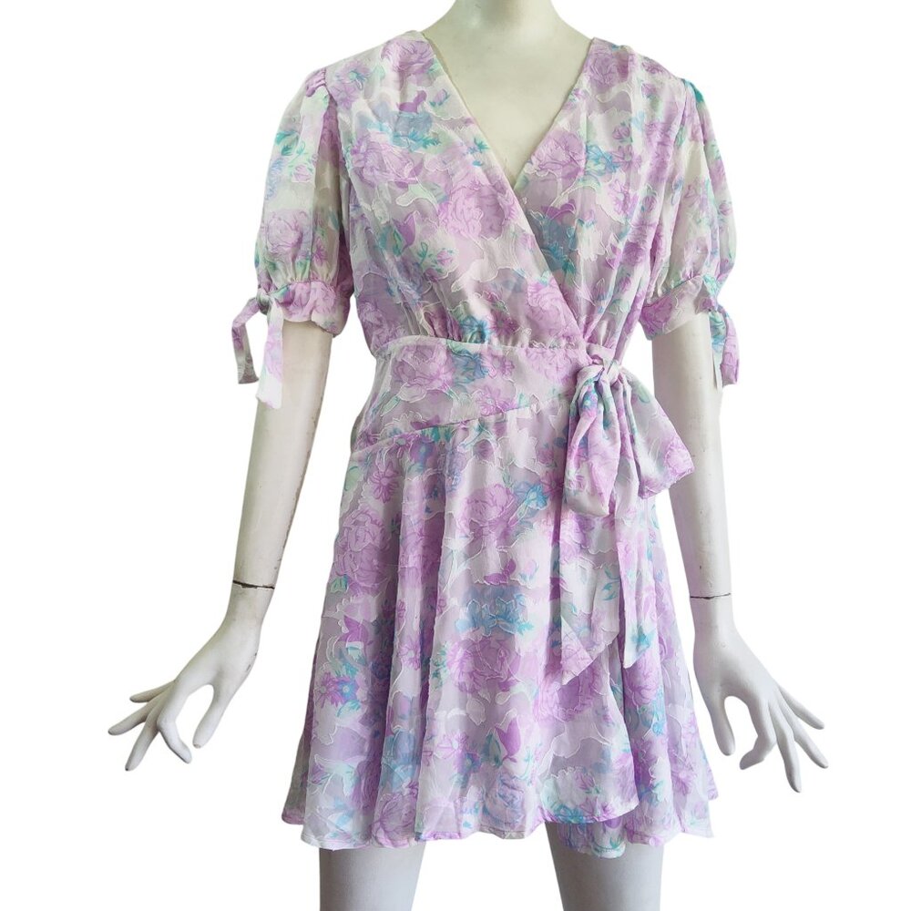 Skies Are Blue Cleo Romantic Tied Puff Sleeve Floral Pastel Wrap Dress S NWT